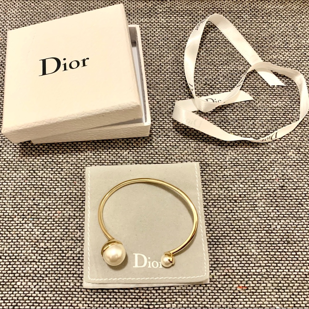 Dior faux pearl gold open bangle cuff